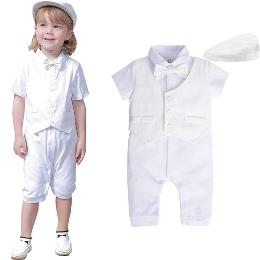A&J DESIGN Baby Boy Christening Outfit Baptism Clothing White Tuxedo Short Sleeve Romper