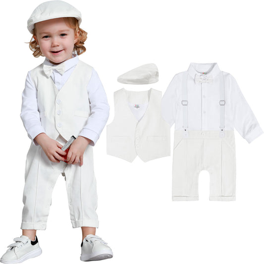 A&J DESIGN Baby Boys Outfit Set, 3pcs Gentleman Romper & Vest & Berets Hat