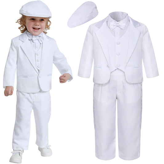 A&J DESIGN Baby Boys Suit, 5Pcs Gentleman Tuxedos Outfits Jacket & Shirt & Vest & Pants & Hat