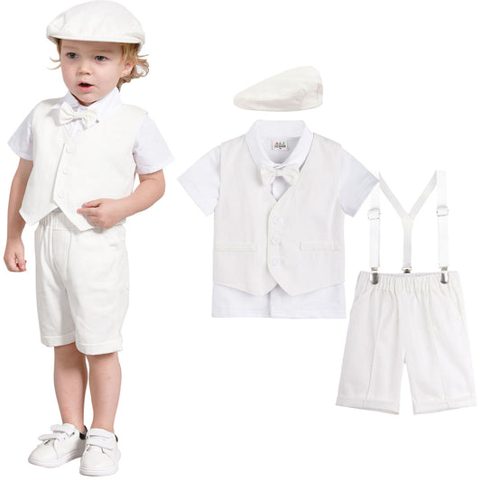 A&J DESIGN Baby Boys Outfits Set, 4pcs Gentleman Suit Shirt & Shorts & Vest & Hat