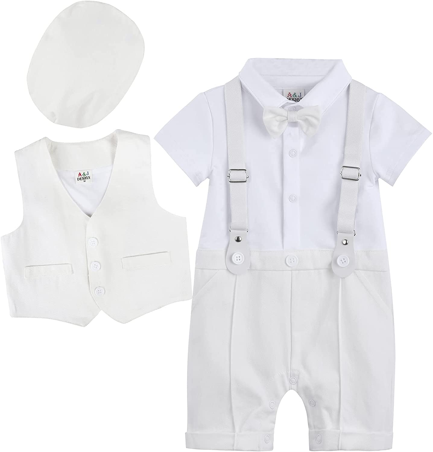 A&J DESIGN Christening Outfits for Baby Boys, 3pcs Gentleman Romper & Vest & Hat