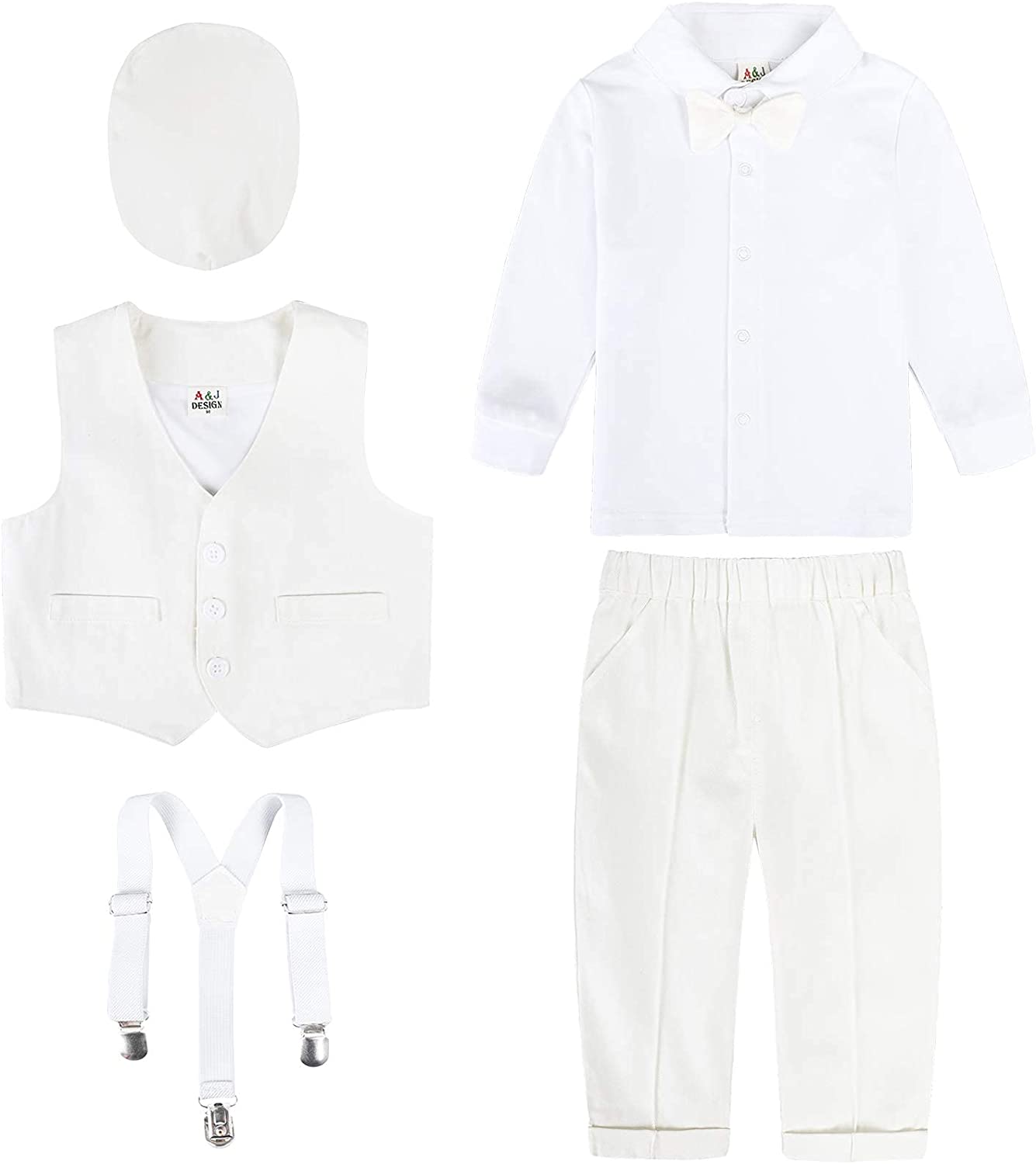 A&J DESIGN Baby Boys Baptism Outfits Set, 4pcs Gentleman Suit Shirt & Pants & Vest & Hat