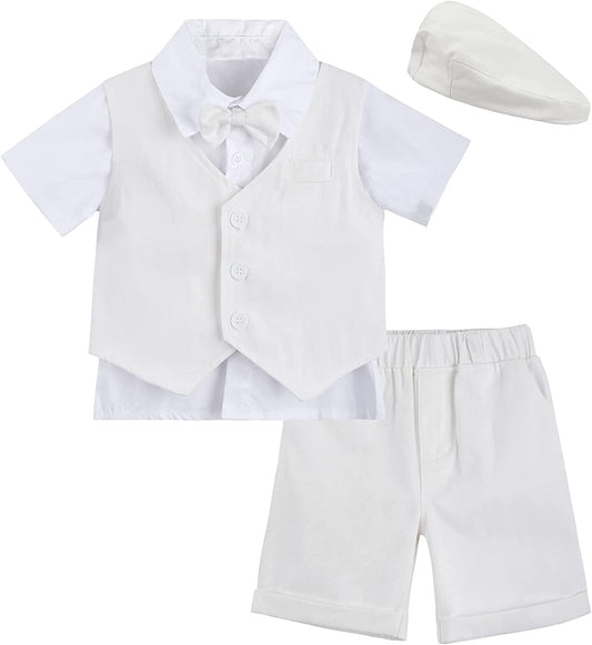 A&J DESIGN Baby Boys Suit Gentleman Shorts Sets, 4pcs Outfit Shirt & Shorts & Vest & Hat