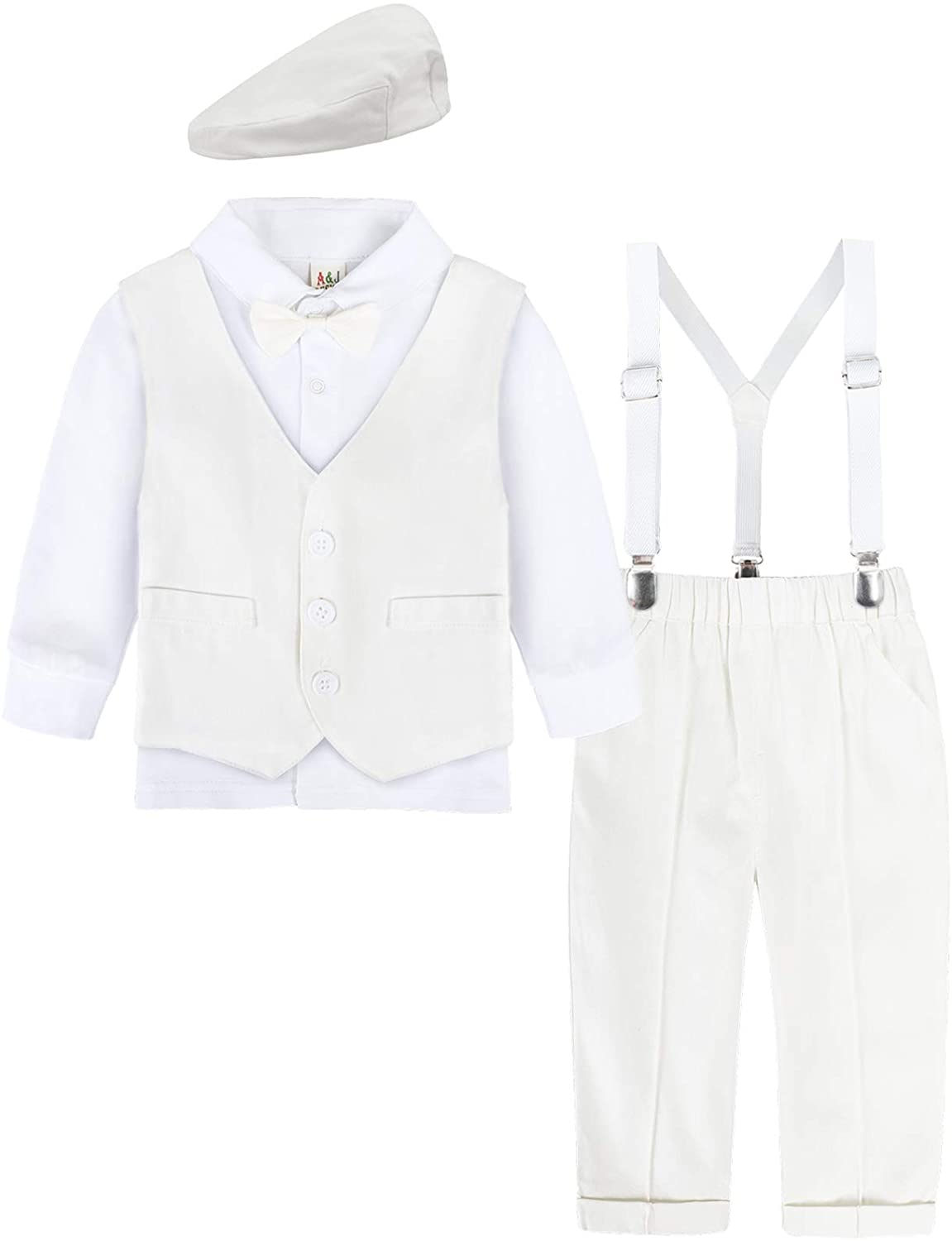 A&J DESIGN Baby Boys Baptism Outfits Set, 4pcs Gentleman Suit Shirt & Pants & Vest & Hat