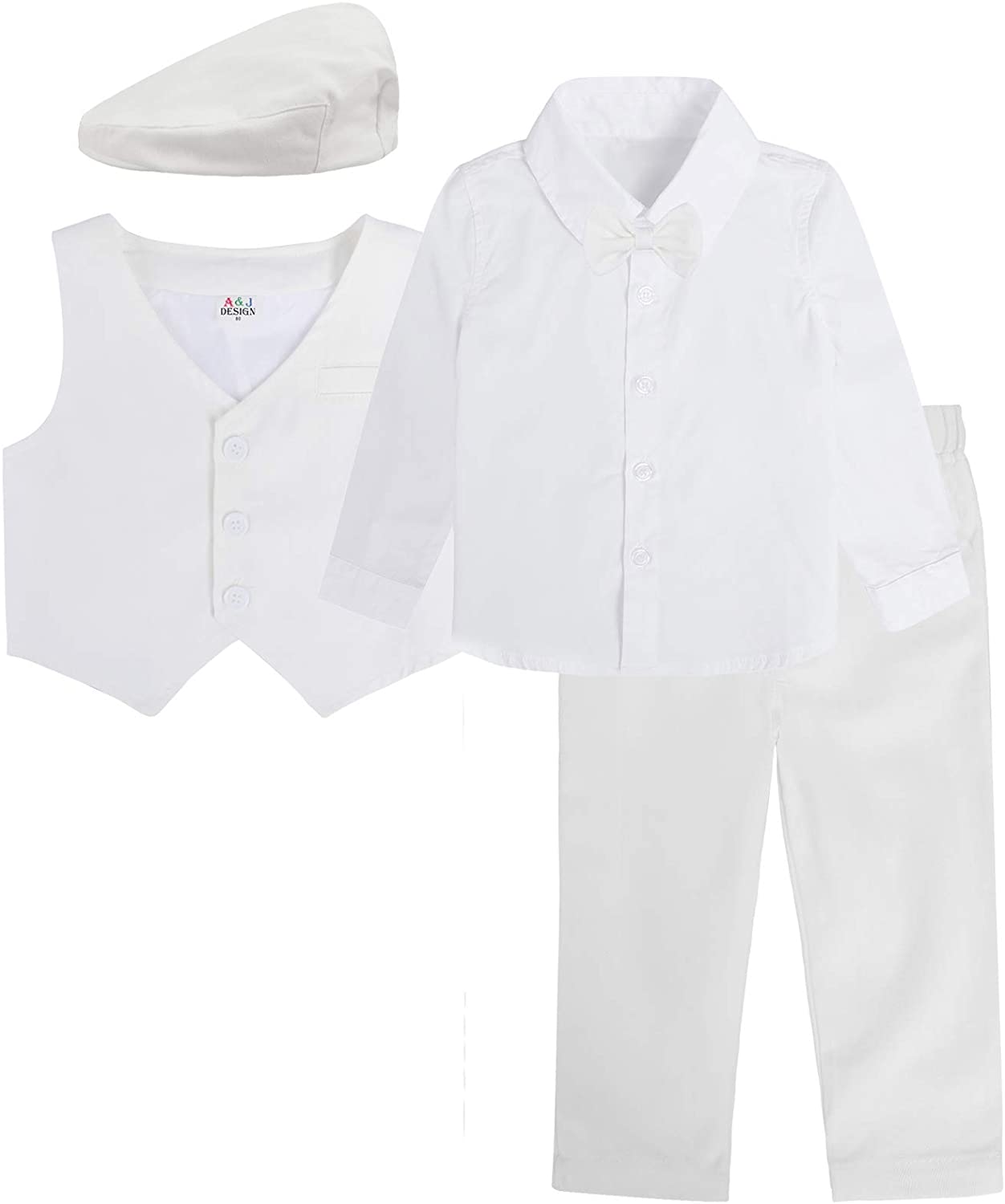 A&J DESIGN Baby Boys Baptism Outfit Gentleman Suit Set, 4pcs Outfits Shirts & Vest & Pants & Berets Hat