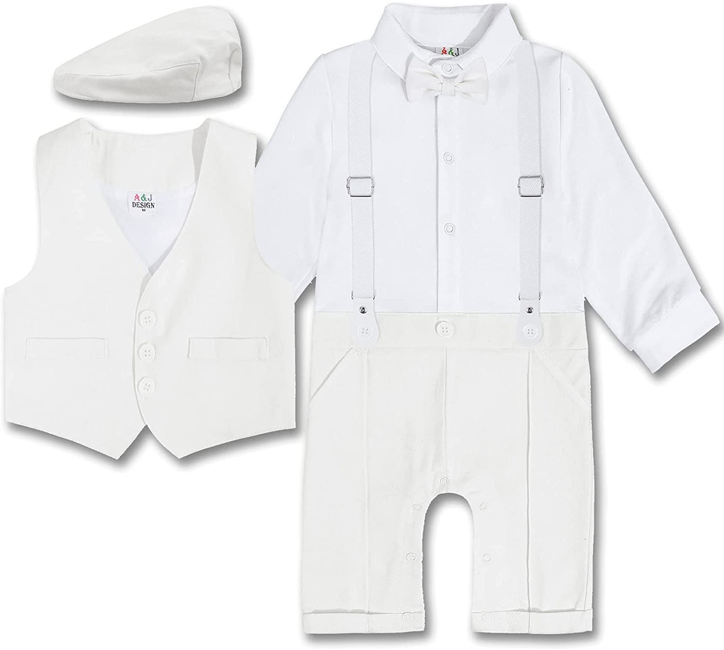 A&J DESIGN Baby Boys Outfit Set, 3pcs Gentleman Romper & Vest & Berets Hat