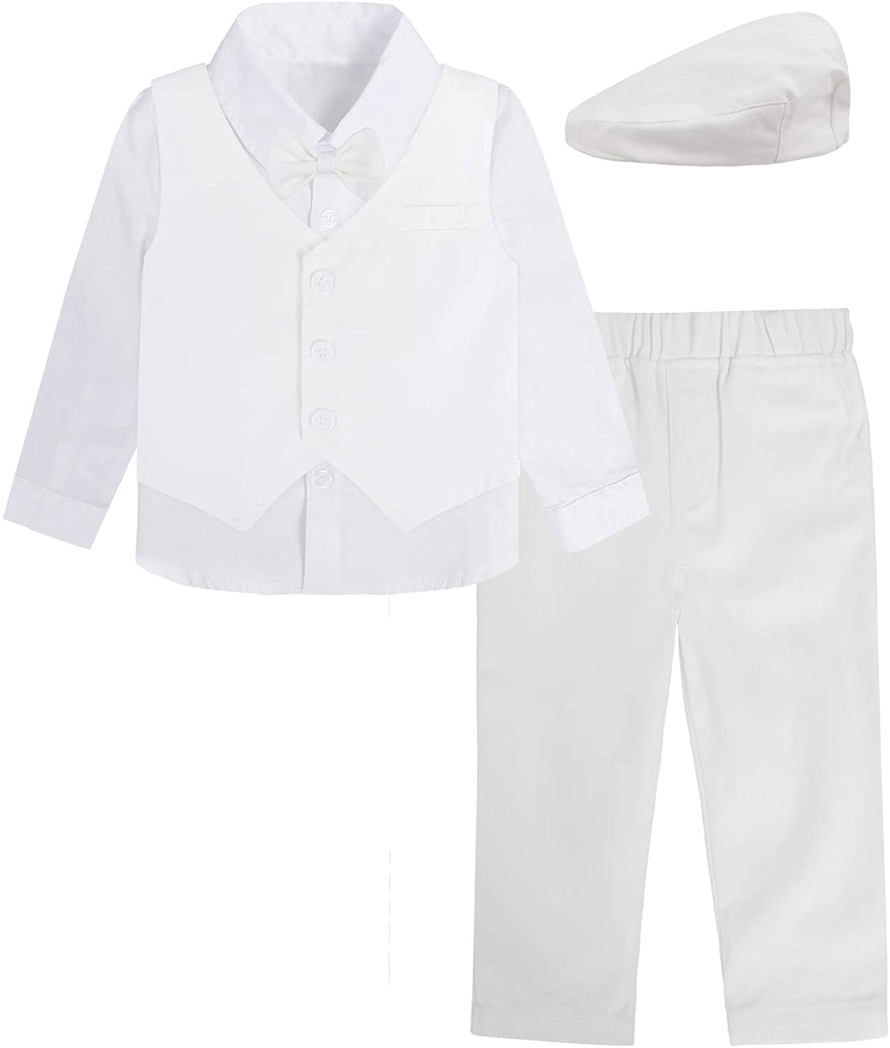 A&J DESIGN Baby Boys Baptism Outfit Gentleman Suit Set, 4pcs Outfits Shirts & Vest & Pants & Berets Hat