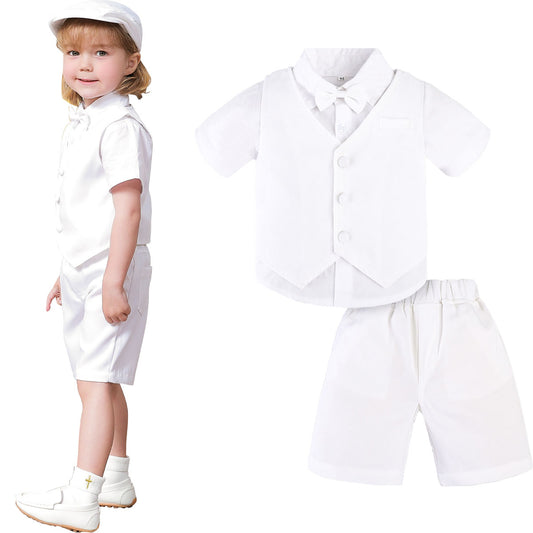 A&J DESIGN Toddler Christening Outfits for Boys Baptism Tuxedo Suit Shorts Set with Vest