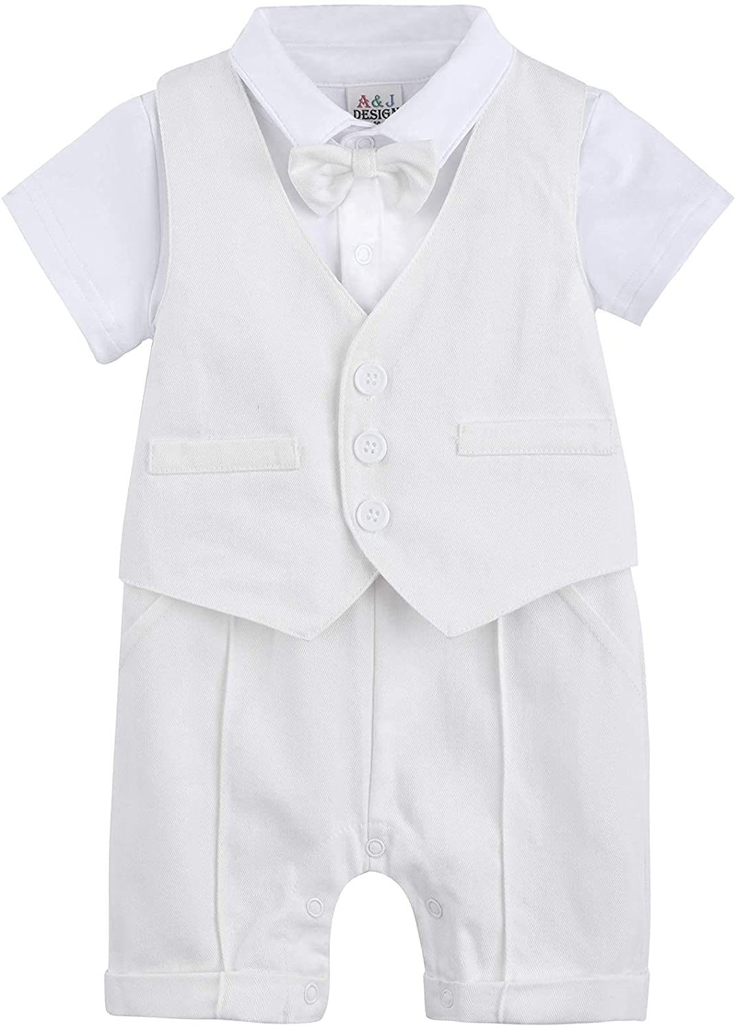 A&J DESIGN Christening Outfits for Baby Boys, 3pcs Gentleman Romper & Vest & Hat