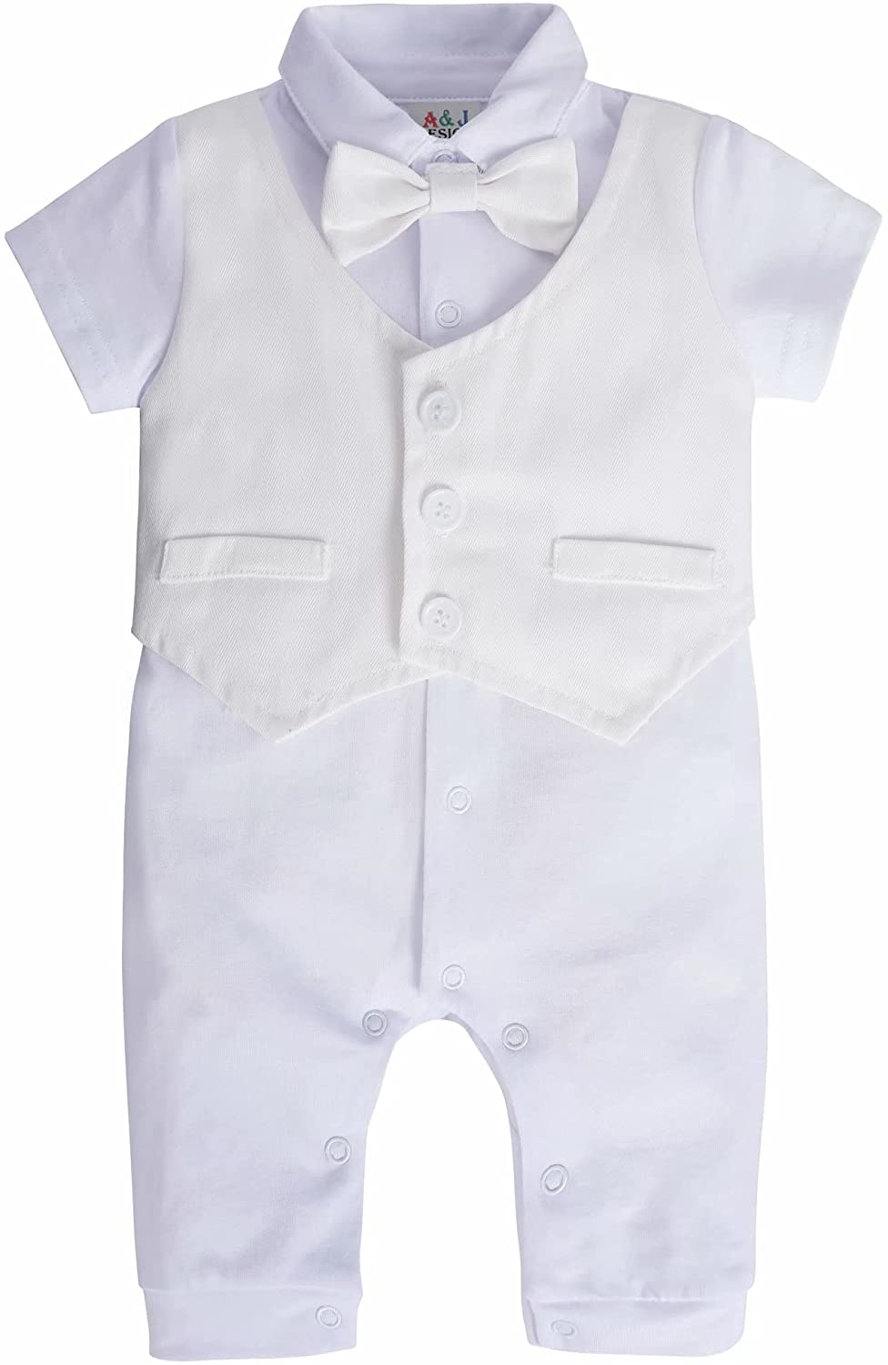 A&J DESIGN Newborn Boy Christening Outfit Baptism Clothing White Tuxedo Short Sleeve Romper