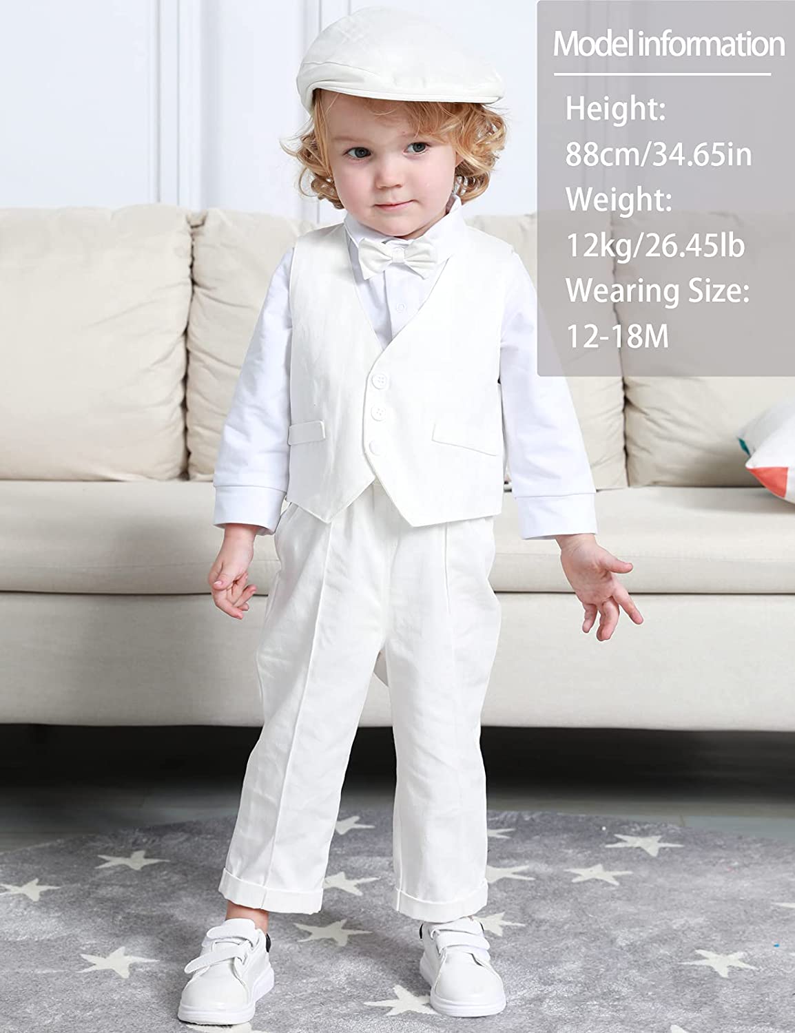 A&J DESIGN Baby Boys Baptism Outfits Set, 4pcs Gentleman Suit Shirt & Pants & Vest & Hat