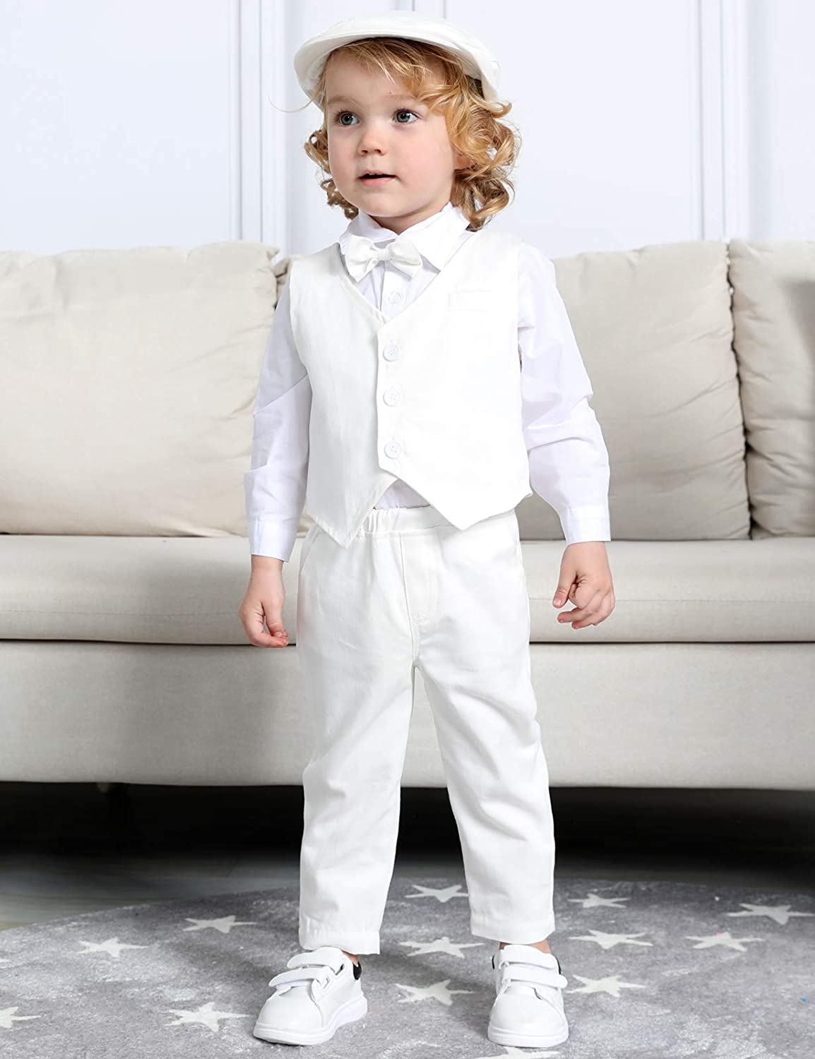 A&J DESIGN Baby Boys Baptism Outfit Gentleman Suit Set, 4pcs Outfits Shirts & Vest & Pants & Berets Hat