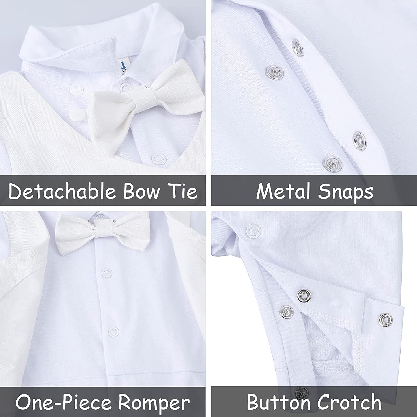 A&J DESIGN Newborn Boy Christening Outfit Baptism Clothing White Tuxedo Short Sleeve Romper