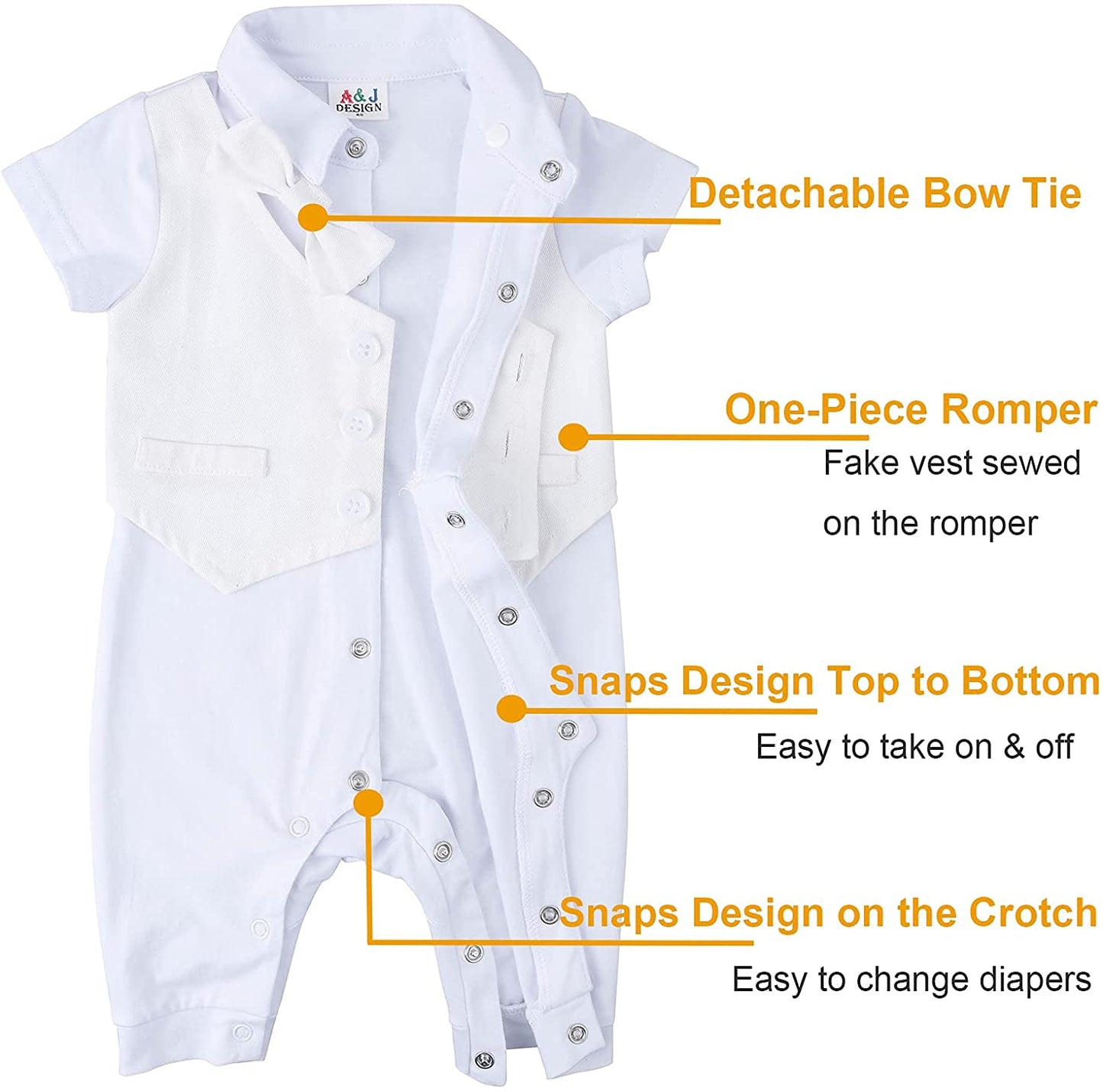 A&J DESIGN Baby Boy Christening Outfit Baptism Clothing White Tuxedo Short Sleeve Romper