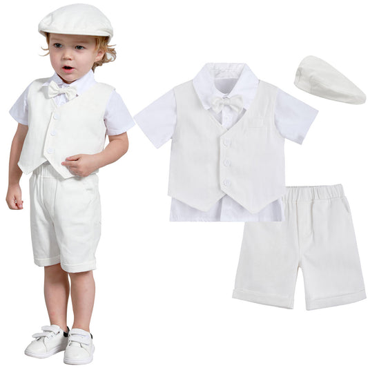 A&J DESIGN Baby Boys Suit Gentleman Shorts Sets, 4pcs Outfit Shirt & Shorts & Vest & Hat