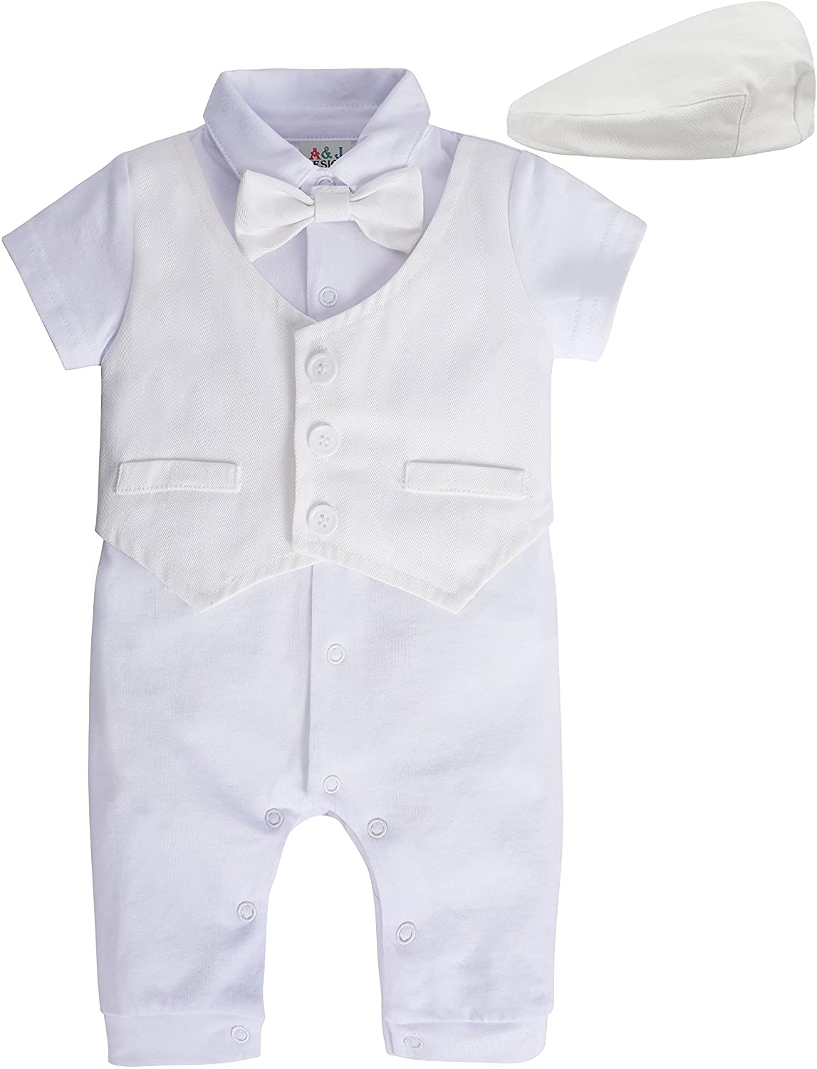 A&J DESIGN Baby Boy Christening Outfit Baptism Clothing White Tuxedo Short Sleeve Romper