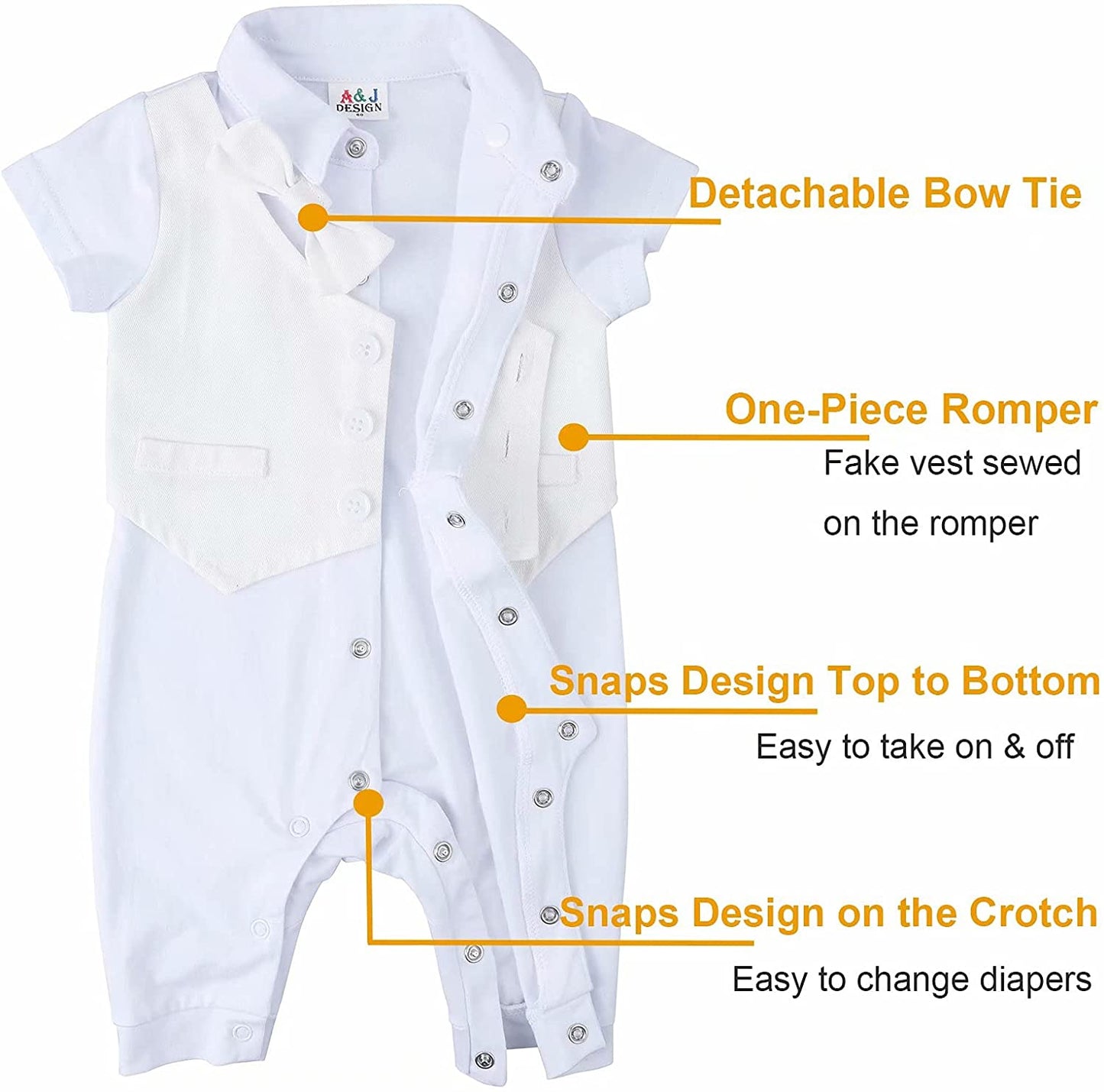 A&J DESIGN Newborn Boy Christening Outfit Baptism Clothing White Tuxedo Short Sleeve Romper