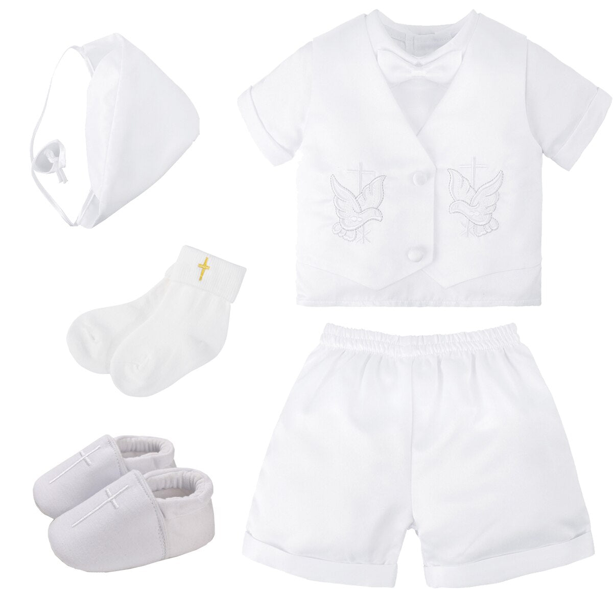 A&J DESIGN Baby Boys Baptism Suits Infant White Christening Outfits Short Sleeve Bow Tie Tops+Shorts+Vest+Hat