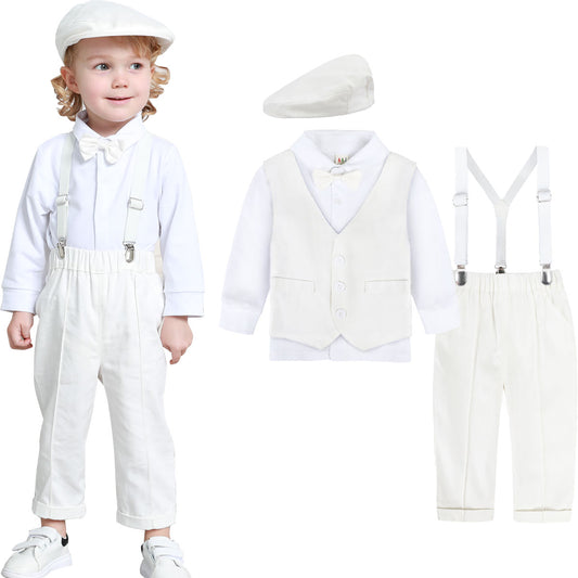 A&J DESIGN Baby Boys Baptism Outfits Set, 4pcs Gentleman Suit Shirt & Pants & Vest & Hat