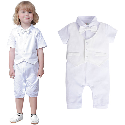 A&J DESIGN Newborn Boy Christening Outfit Baptism Clothing White Tuxedo Short Sleeve Romper