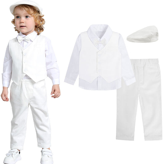 A&J DESIGN Baby Boys Baptism Outfit Gentleman Suit Set, 4pcs Outfits Shirts & Vest & Pants & Berets Hat