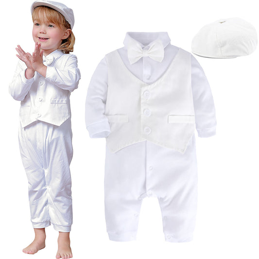A&J DESIGN  Baby Boy Baptism Outfit Christening Clothes Dedication Wedding Tuxedo Fall Romper with Beret Caps