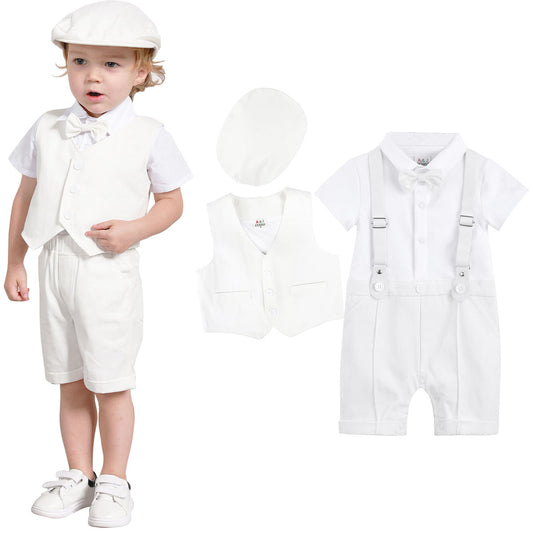 A&J DESIGN Christening Outfits for Baby Boys, 3pcs Gentleman Romper & Vest & Hat